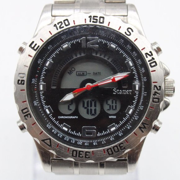 Stauer Chronograph & Digital Watch Mens Silver Tone Stainless Steel WR50 19093 - Picture 3 of 8